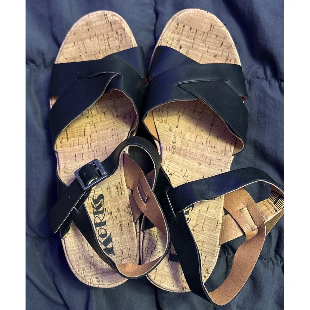 Korks Black Leather Cork Wedge Sandals Size 7M